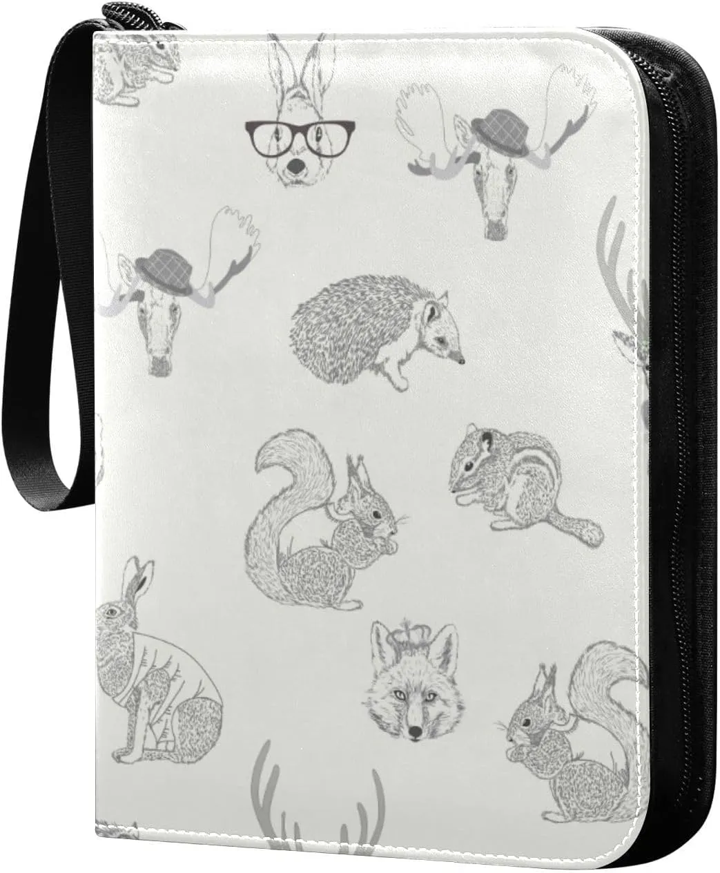 Rabbit, Hare, Squirrel, Deer, Elk, Squirrel, Hedgehog, Fox, Bear PU Leather Card Storage Bag, with Zipper Waterproof 50 Pages 400 Slots Card Bag for Students Home School 15.74 x 9.64 inch
