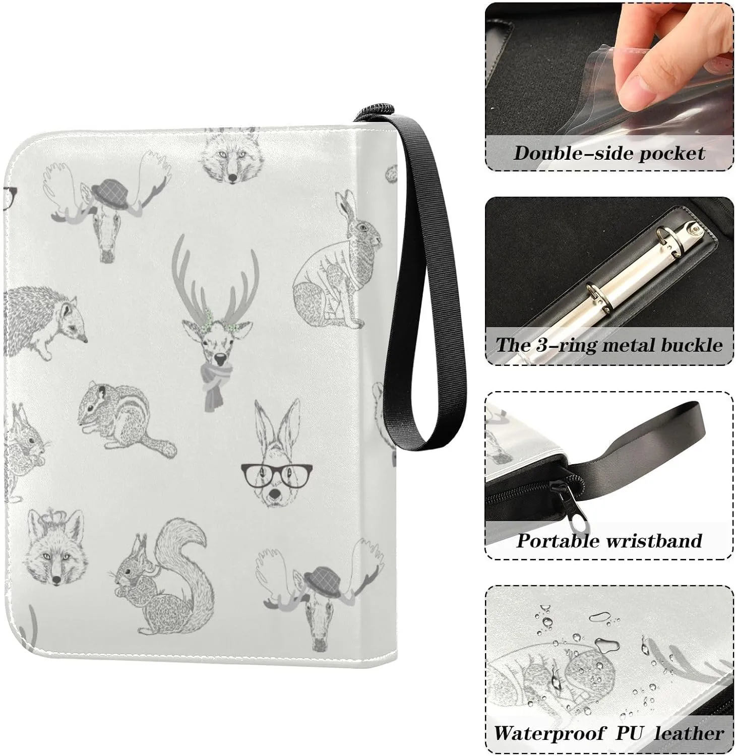Rabbit, Hare, Squirrel, Deer, Elk, Squirrel, Hedgehog, Fox, Bear PU Leather Card Storage Bag, with Zipper Waterproof 50 Pages 400 Slots Card Bag for Students Home School 15.74 x 9.64 inch