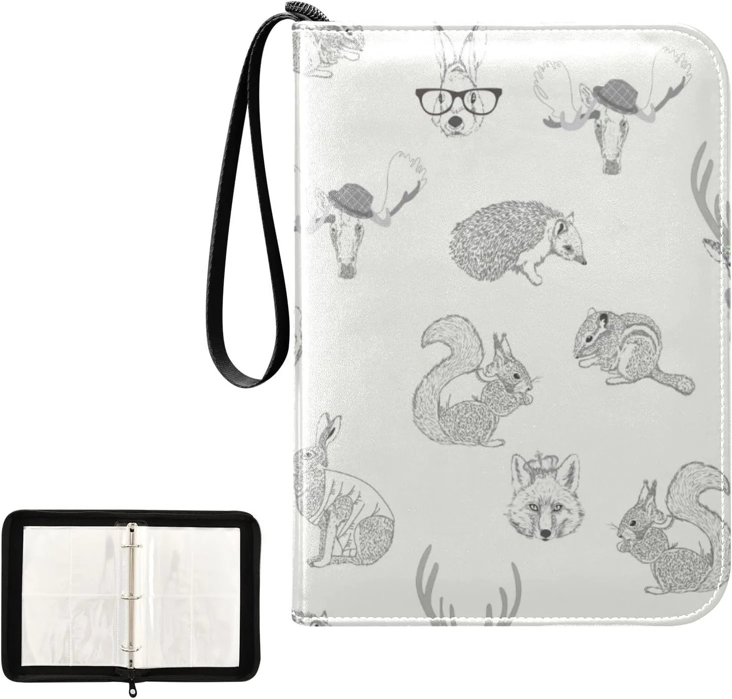 Rabbit, Hare, Squirrel, Deer, Elk, Squirrel, Hedgehog, Fox, Bear PU Leather Card Storage Bag, with Zipper Waterproof 50 Pages 400 Slots Card Bag for Students Home School 15.74 x 9.64 inch