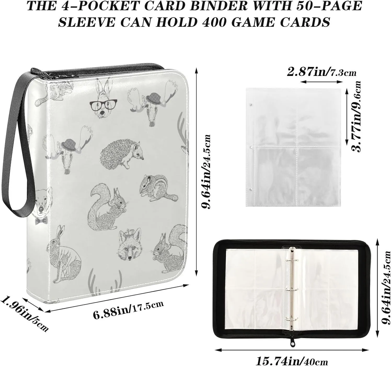 Rabbit, Hare, Squirrel, Deer, Elk, Squirrel, Hedgehog, Fox, Bear PU Leather Card Storage Bag, with Zipper Waterproof 50 Pages 400 Slots Card Bag for Students Home School 15.74 x 9.64 inch