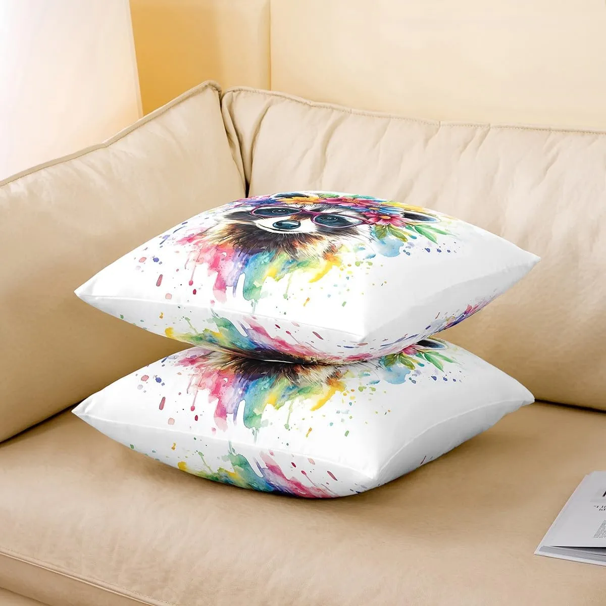 Raccoon Pillow Covers 16"x16" Set of 2,Jungle Cute Animals Reversible Throw Pillow Covers,Wildlife Colorful Graffiti Pillow Cases for Kids Boys Teens,Boys Girls Animals Lover Cushion Covers