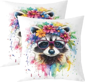 Raccoon Pillow Covers 16"x16" Set of 2,Jungle Cute Animals Reversible Throw Pillow Covers,Wildlife Colorful Graffiti Pillow Cases for Kids Boys Teens,Boys Girls Animals Lover Cushion Covers