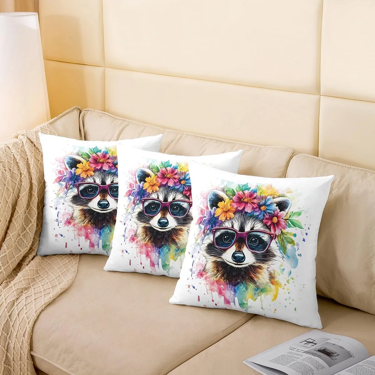 Raccoon Pillow Covers 16"x16" Set of 2,Jungle Cute Animals Reversible Throw Pillow Covers,Wildlife Colorful Graffiti Pillow Cases for Kids Boys Teens,Boys Girls Animals Lover Cushion Covers