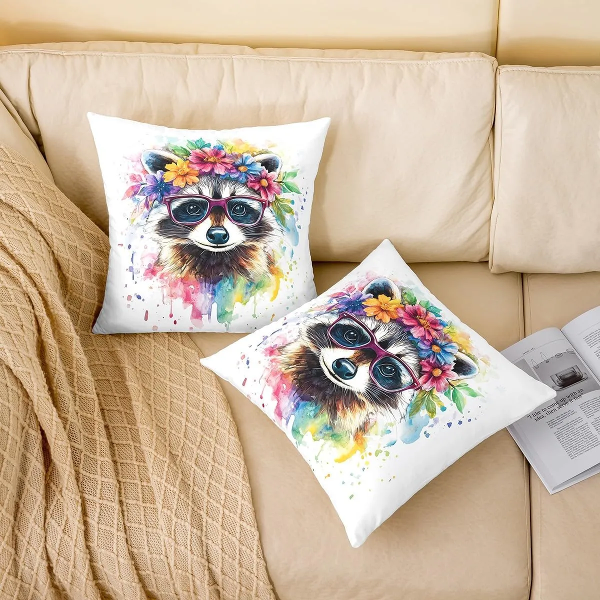 Raccoon Pillow Covers 16"x16" Set of 2,Jungle Cute Animals Reversible Throw Pillow Covers,Wildlife Colorful Graffiti Pillow Cases for Kids Boys Teens,Boys Girls Animals Lover Cushion Covers