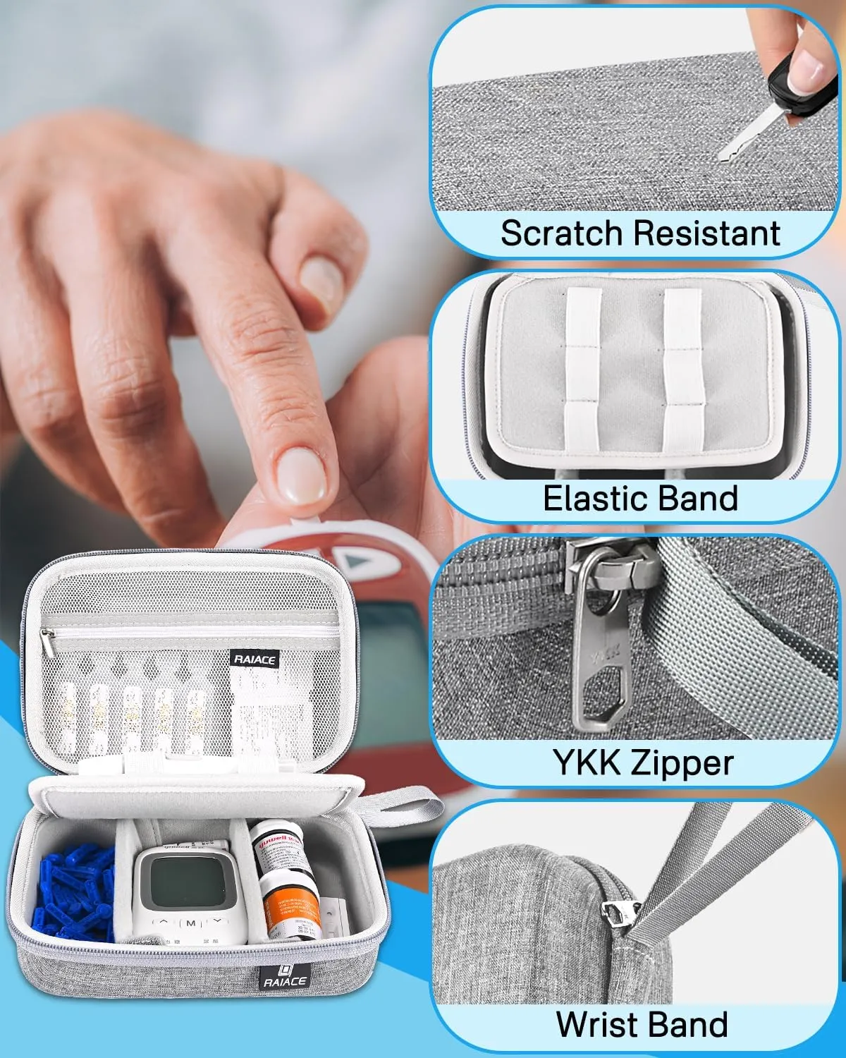 RAIACE Hard Storage Case for Diabetic Supplies, Bag fit for Glucose Meter, Insulin Pen, Glucose Monitor, Blood Sugar Test Strips,Lancets,. (for sale is case only)- Gray
