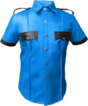 Real Leather Mens Cow Sheep Leather Police Real Uniform Shirt BLUF Gay Mans Shirt Hot Lamb Leather