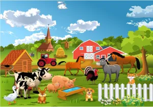 Red Barn Farm Backdrop Windmill Green Trees Haystack Farmhouse Photography Background Farm Cute Happy Animals Backdrop Decors Blue Sky Farm Barn Meadow Harvest Theme Party Background Props 7x5ft