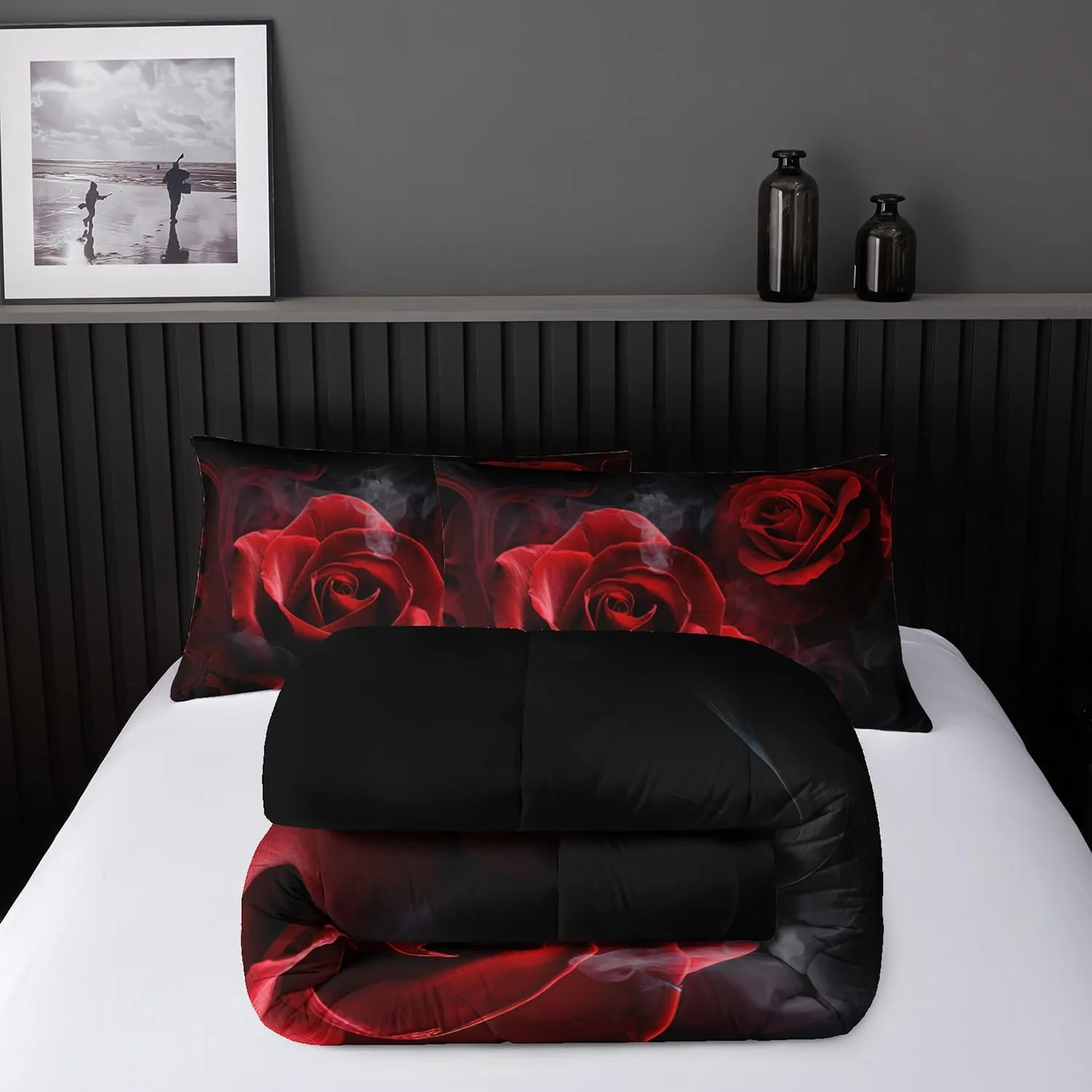 Red Rose Comforter Set Full,Red Roses Bedding Set 3 Piece Bed in a Bag,Lover Romantic Flowers Comforter Valentine's Day Lightweight Soft Microfiber Bedding Sets with( Comforter,2 Pillow Cases)