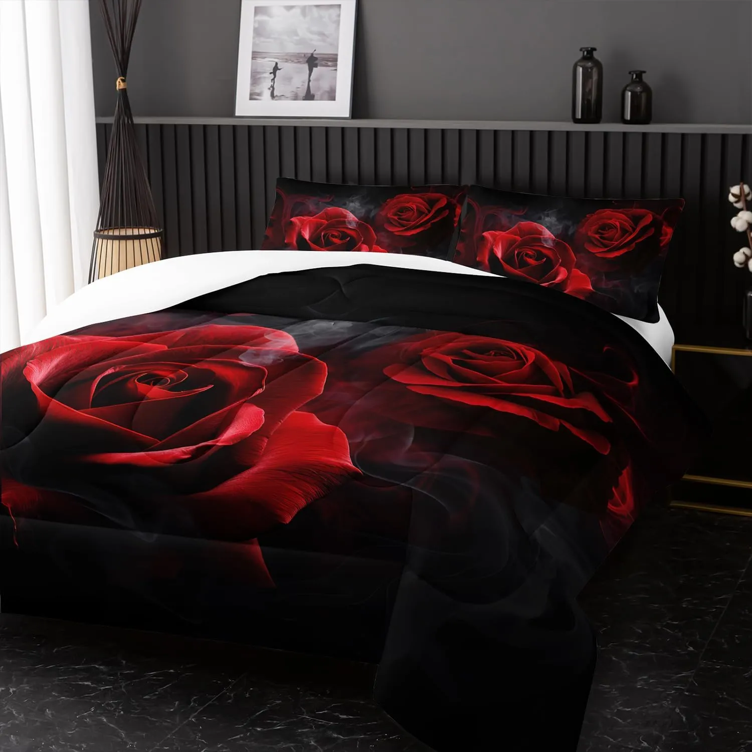 Red Rose Comforter Set Full,Red Roses Bedding Set 3 Piece Bed in a Bag,Lover Romantic Flowers Comforter Valentine's Day Lightweight Soft Microfiber Bedding Sets with( Comforter,2 Pillow Cases)