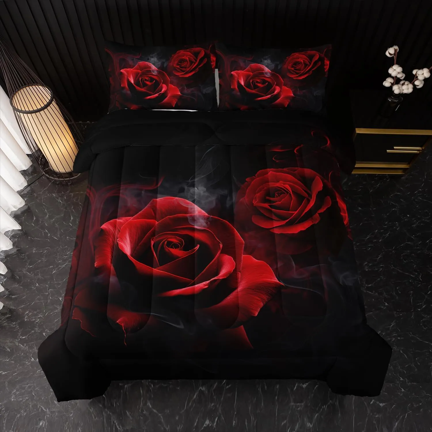 Red Rose Comforter Set Full,Red Roses Bedding Set 3 Piece Bed in a Bag,Lover Romantic Flowers Comforter Valentine's Day Lightweight Soft Microfiber Bedding Sets with( Comforter,2 Pillow Cases)