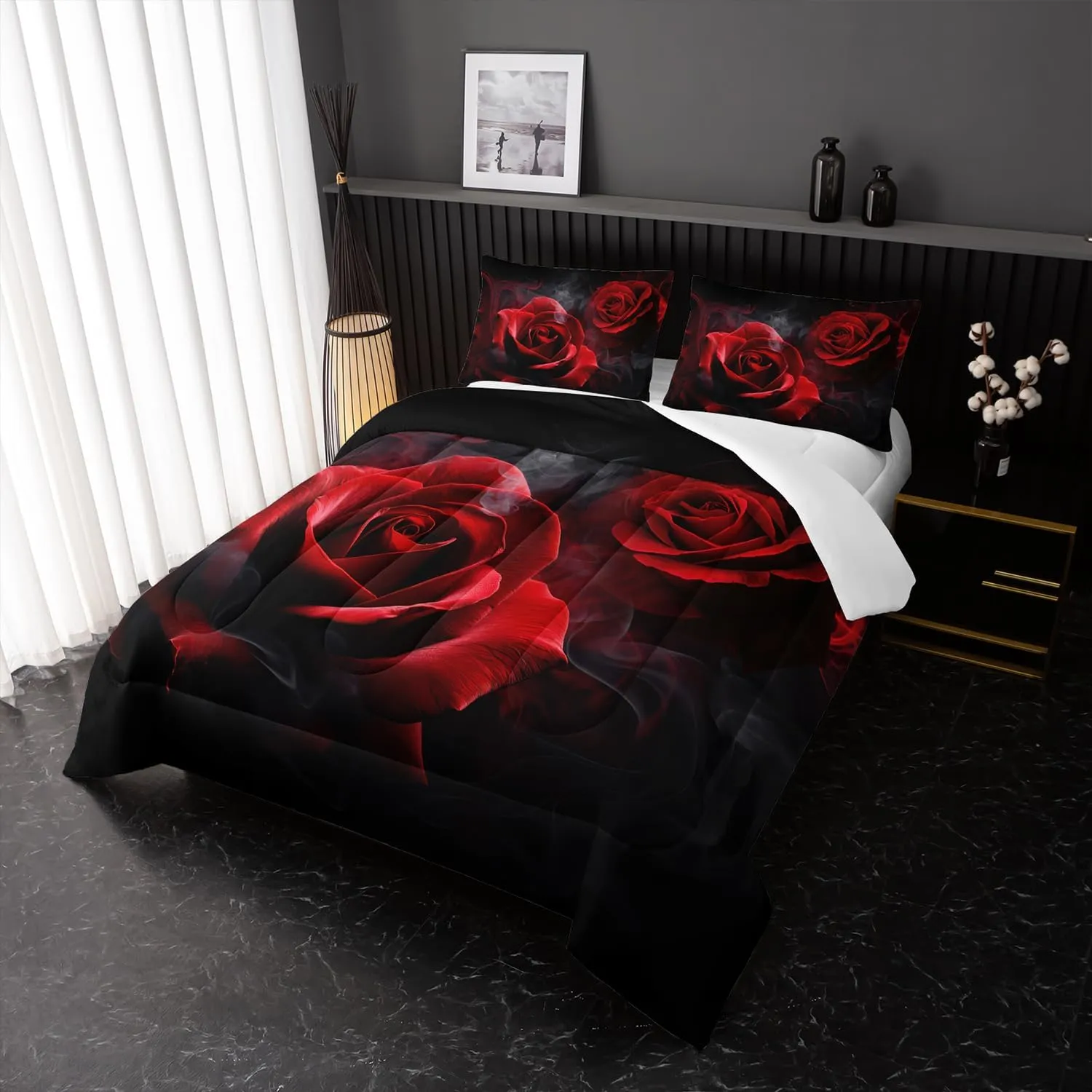Red Rose Comforter Set Full,Red Roses Bedding Set 3 Piece Bed in a Bag,Lover Romantic Flowers Comforter Valentine's Day Lightweight Soft Microfiber Bedding Sets with( Comforter,2 Pillow Cases)