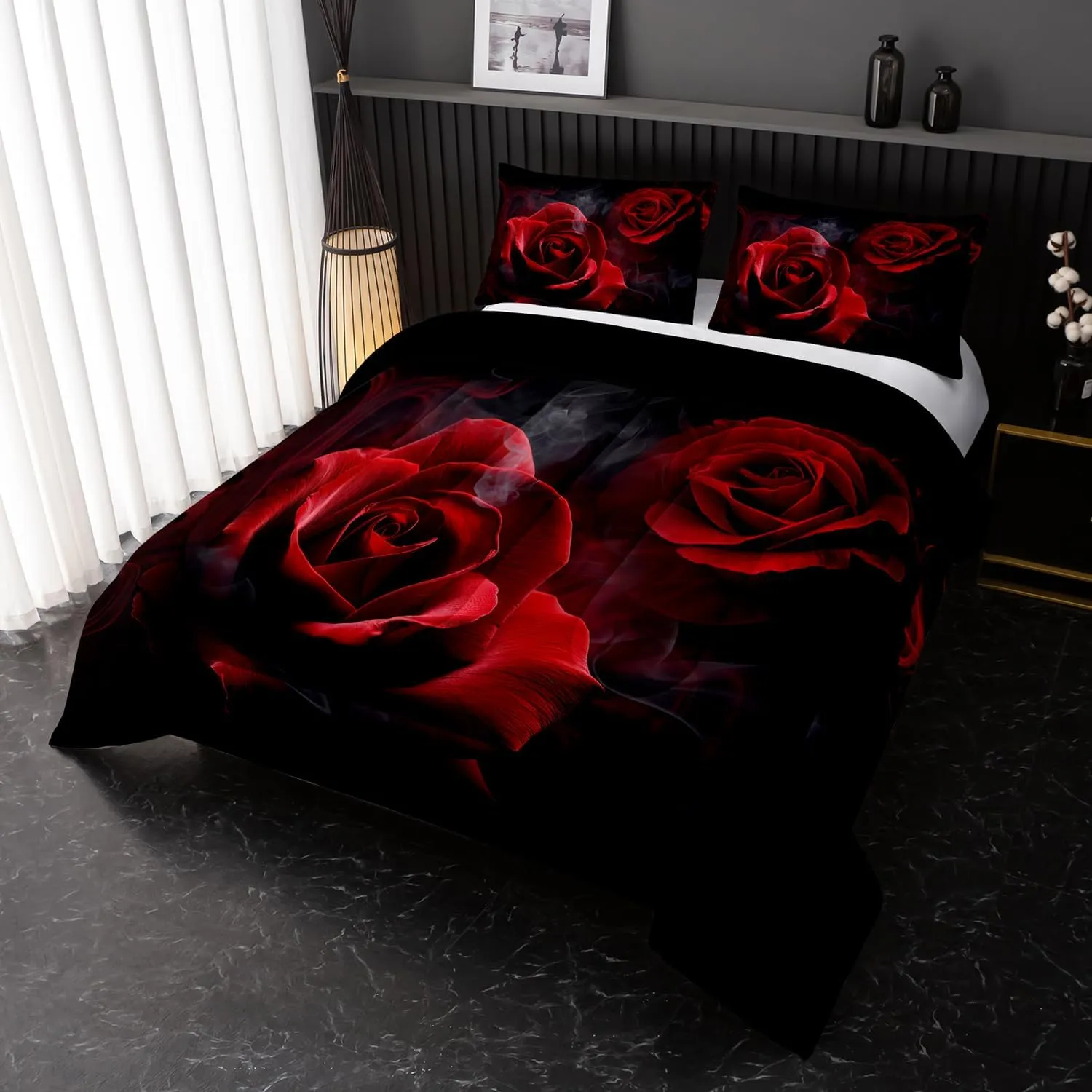 Red Rose Comforter Set Full,Red Roses Bedding Set 3 Piece Bed in a Bag,Lover Romantic Flowers Comforter Valentine's Day Lightweight Soft Microfiber Bedding Sets with( Comforter,2 Pillow Cases)