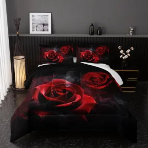 Red Rose Comforter Set Full,Red Roses Bedding Set 3 Piece Bed in a Bag,Lover Romantic Flowers Comforter Valentine's Day Lightweight Soft Microfiber Bedding Sets with( Comforter,2 Pillow Cases)