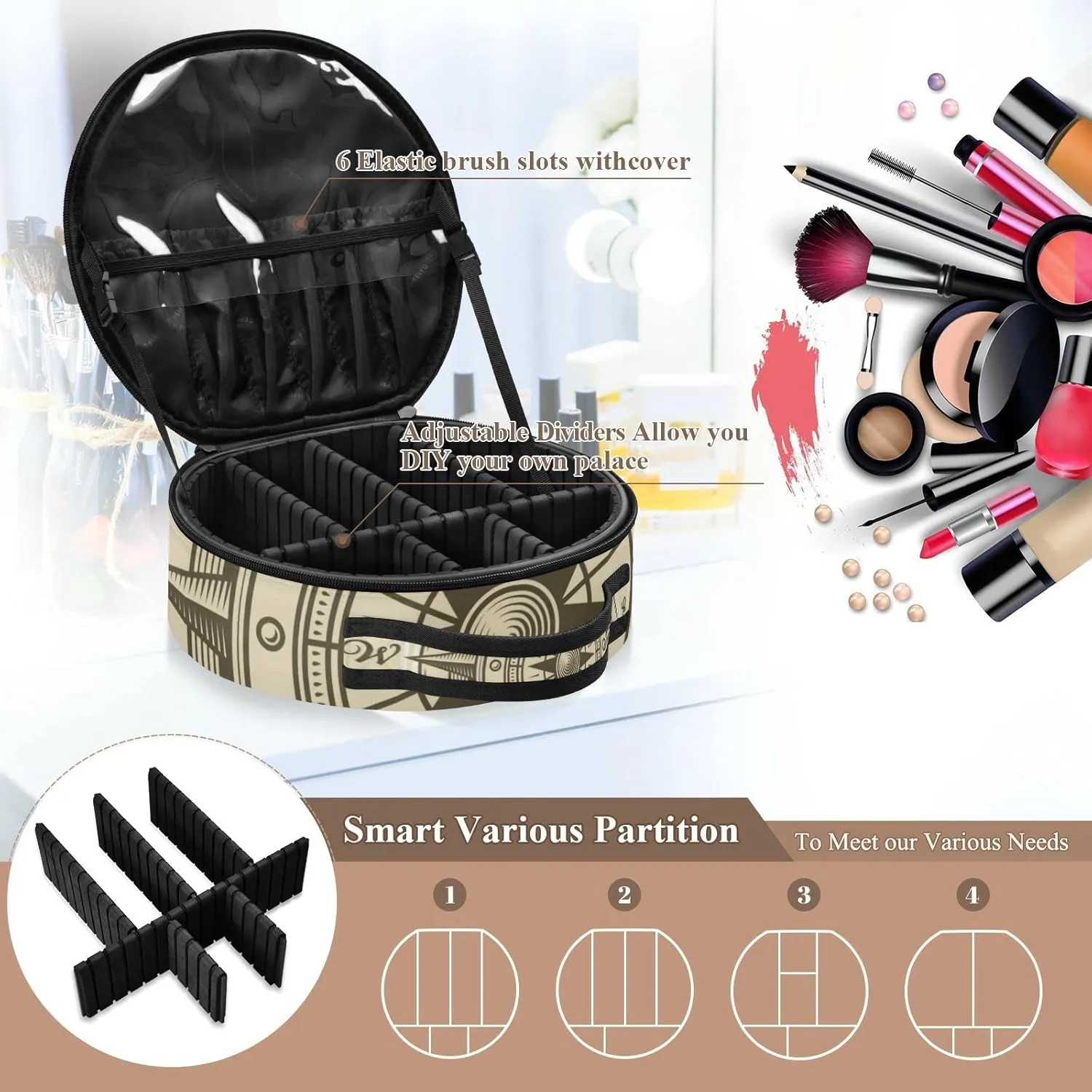 Retro compass in Woodcut Style with Clipping Mask Women's Portable Round Makeup Bag with Handle, Cosmetic Bag, Adjustable Dividers, Travel Cosmetic Storage 11 x 3.5 x 10 inch