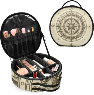 Retro compass in Woodcut Style with Clipping Mask Women's Portable Round Makeup Bag with Handle, Cosmetic Bag, Adjustable Dividers, Travel Cosmetic Storage 11 x 3.5 x 10 inch