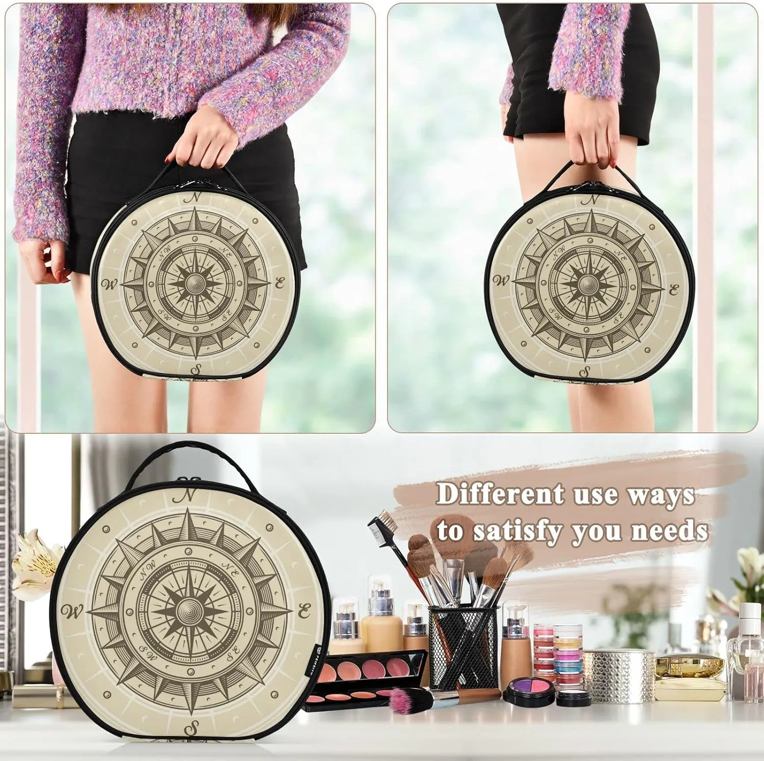 Retro compass in Woodcut Style with Clipping Mask Women's Portable Round Makeup Bag with Handle, Cosmetic Bag, Adjustable Dividers, Travel Cosmetic Storage 11 x 3.5 x 10 inch
