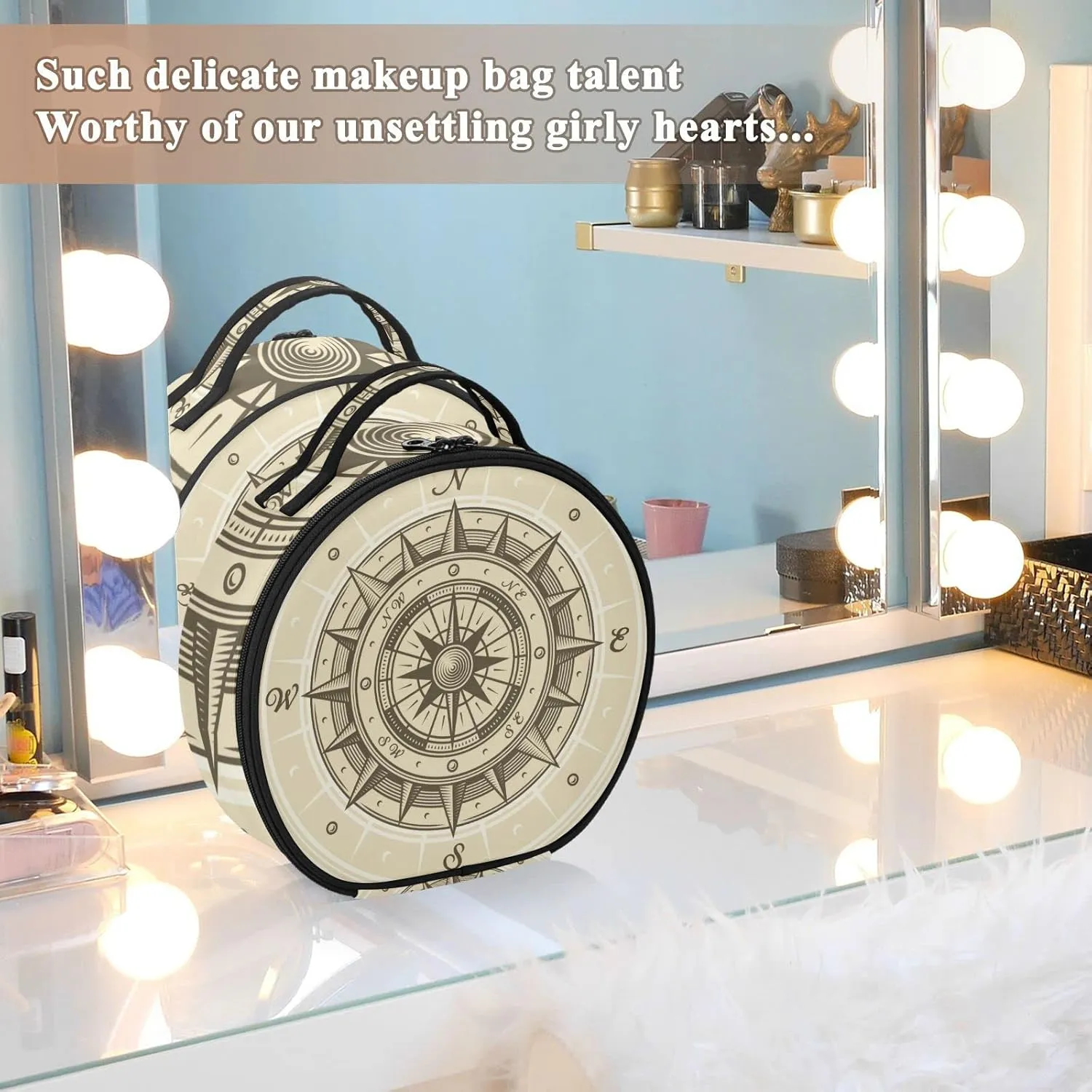 Retro compass in Woodcut Style with Clipping Mask Women's Portable Round Makeup Bag with Handle, Cosmetic Bag, Adjustable Dividers, Travel Cosmetic Storage 11 x 3.5 x 10 inch