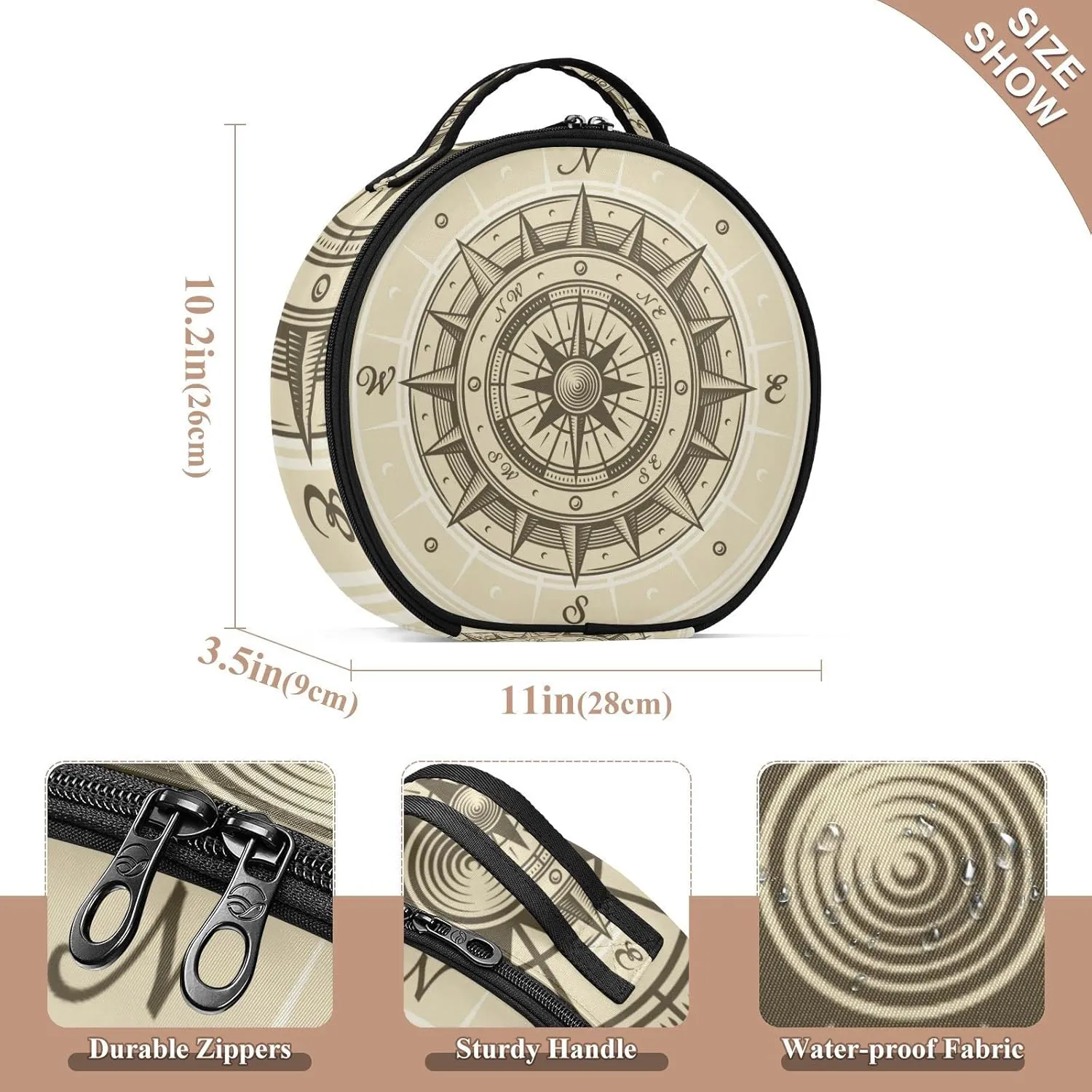 Retro compass in Woodcut Style with Clipping Mask Women's Portable Round Makeup Bag with Handle, Cosmetic Bag, Adjustable Dividers, Travel Cosmetic Storage 11 x 3.5 x 10 inch
