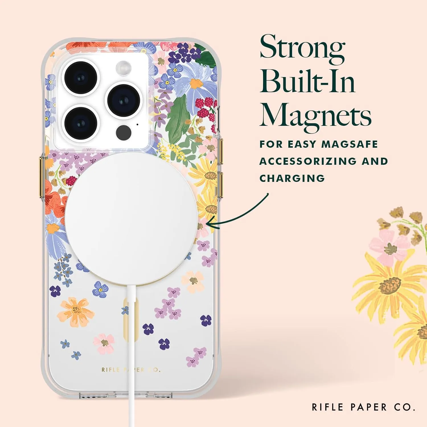 Rifle Paper Co. iPhone 15 Pro Case [Compatible with MagSafe] [12ft Drop Protection] Cute iPhone Case 6.1" with Floral Pattern, Anti-Scratch Tech, Shockproof Material, Slim Fit - Margaux