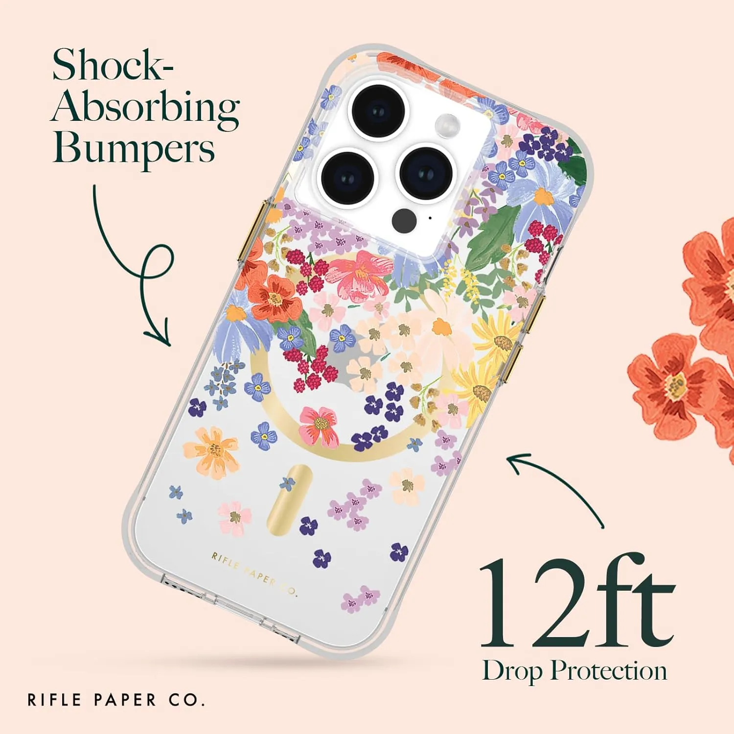 Rifle Paper Co. iPhone 15 Pro Case [Compatible with MagSafe] [12ft Drop Protection] Cute iPhone Case 6.1" with Floral Pattern, Anti-Scratch Tech, Shockproof Material, Slim Fit - Margaux