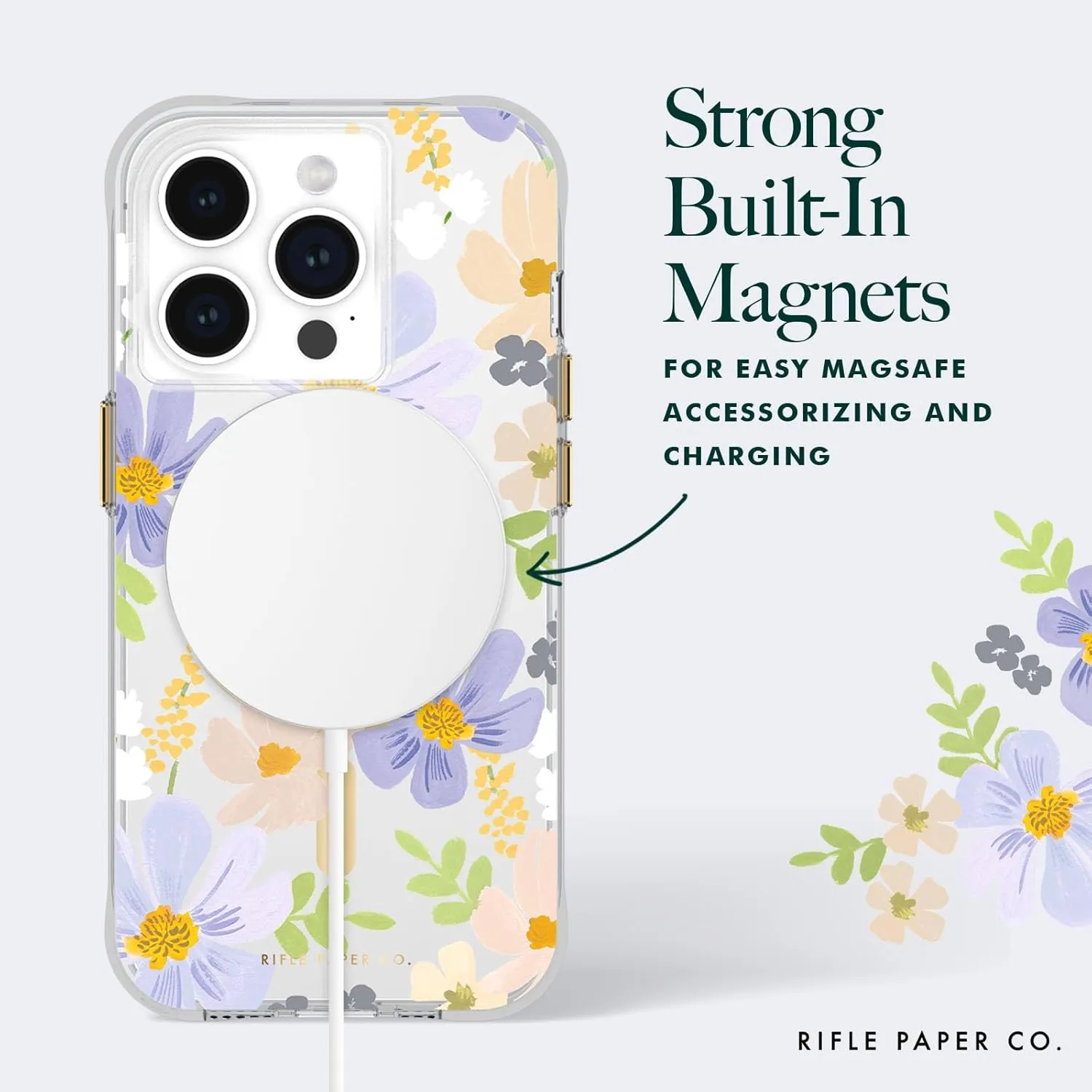 Rifle Paper Co. iPhone 15 Pro Case [Compatible with MagSafe] [12ft Drop Protection] Cute iPhone Case 6.1" with Floral Pattern, Anti-Scratch Tech, Shockproof Material, Slim Fit - Pastel Marguerite