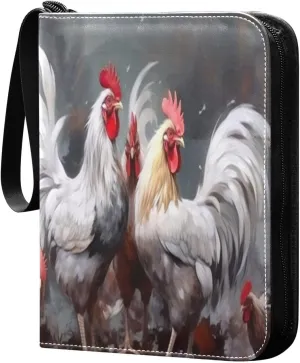 Roosters Painting Card Binder 4 Pocket Trading Card Album Fits 400 Sports/Game Cards, PU Cover 3 Ring Card Collection with 50 Removable Sleeves