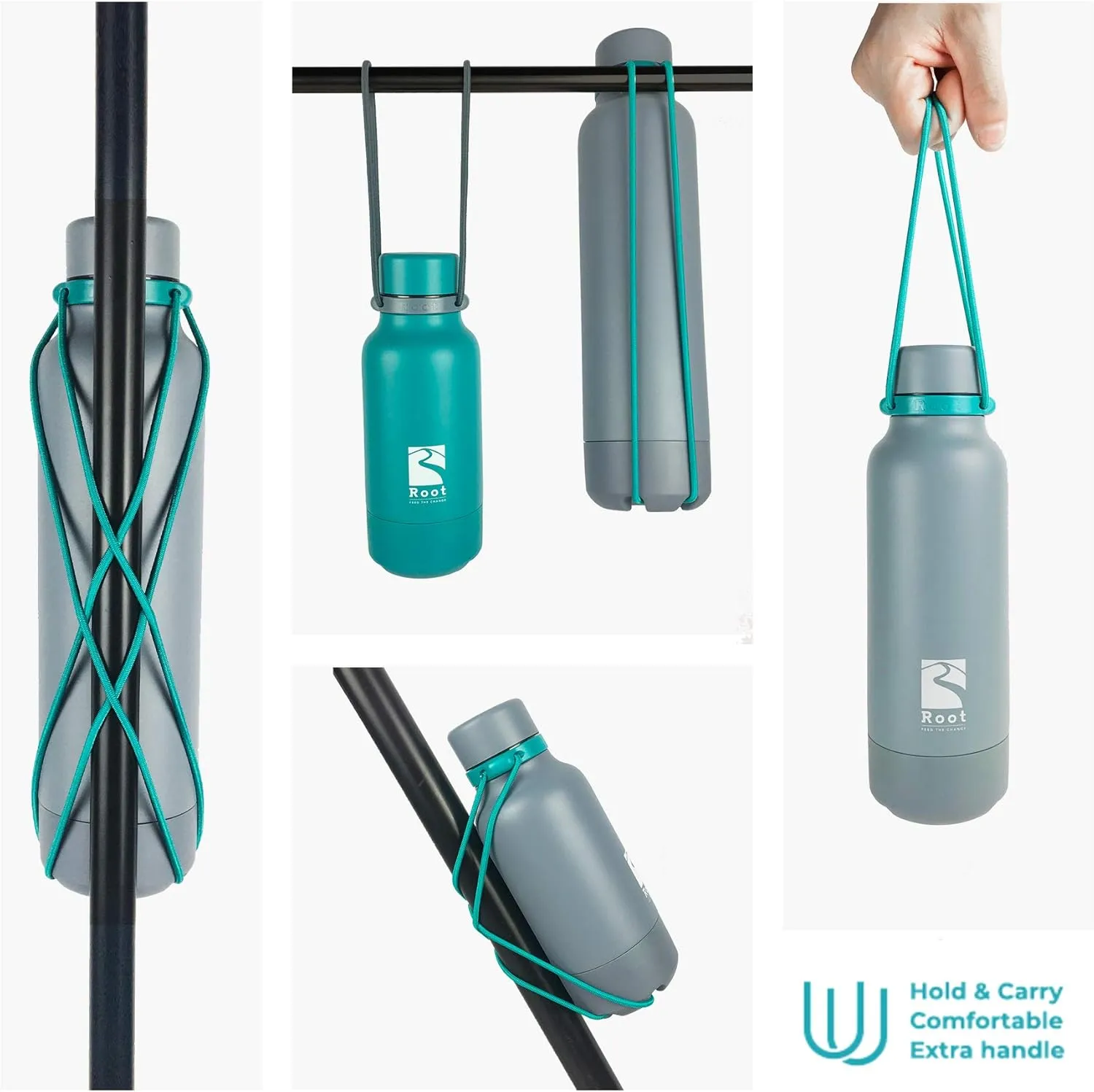 Root FTC Bottle Thermal Flask Stainless Steel Double Wall, Anti Drop Cap, Shockproof Bottom, Bungee Cords, 530 ml, 700 ml and 940 ml - Hot (20h) / Cold (24h)