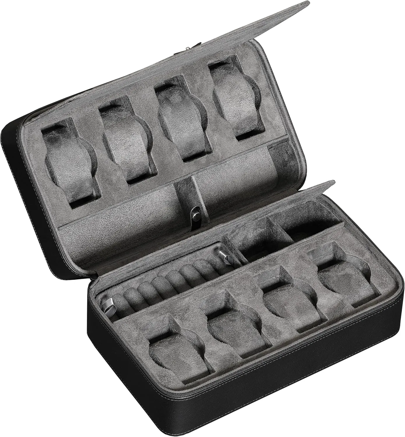 ROTHWELL 8 Watch Travel Case Storage Organizer for 8 Watches, Sunglasses, Rings & Cufflinks |Tough Portable Protection with Zipper Fits Most Wristwatches & Smart Watches Up to 50mm (Black/Grey)