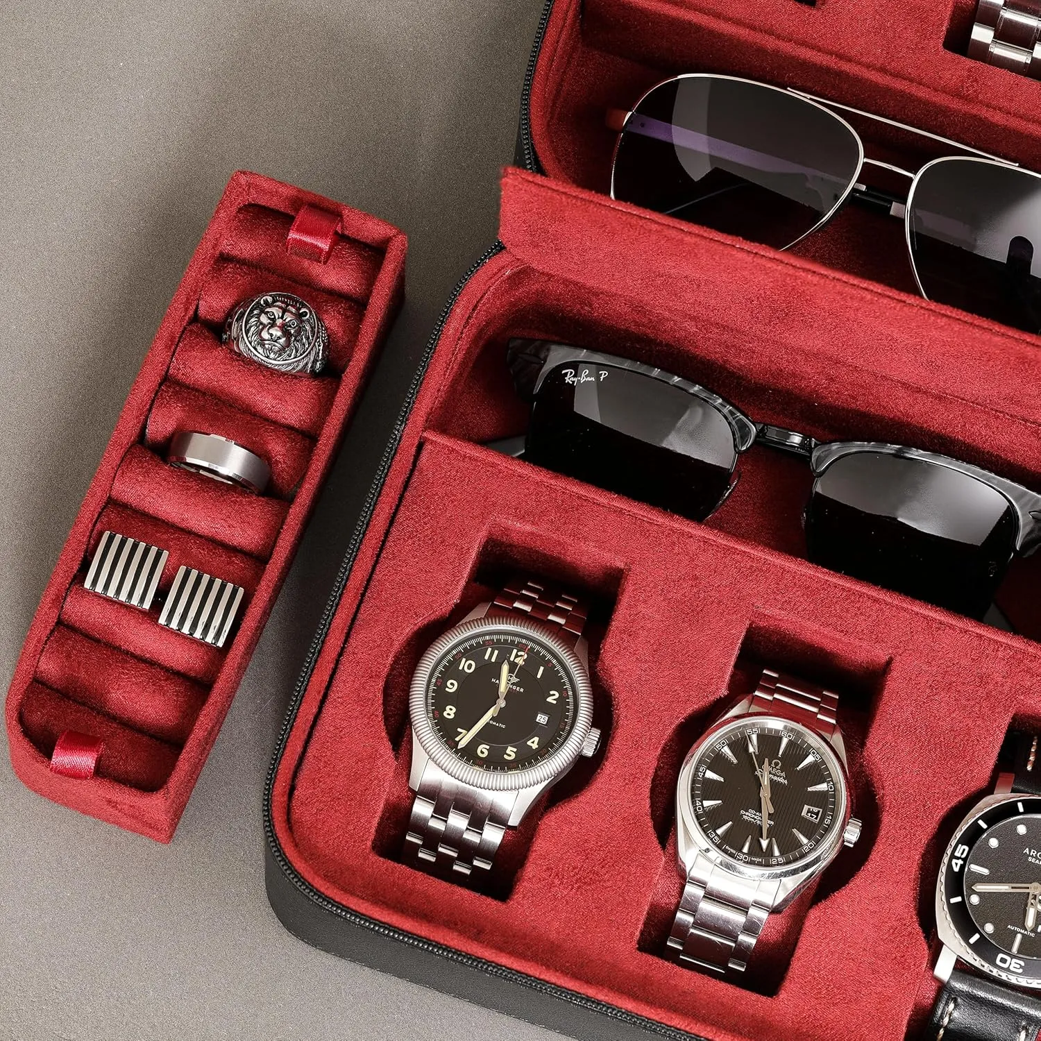 ROTHWELL 8 Watch Travel Case Storage Organizer for 8 Watches, Sunglasses, Rings & Cufflinks |Tough Portable Protection with Zipper Fits Most Wristwatches & Smart Watches Up to 50mm (Black/Red)