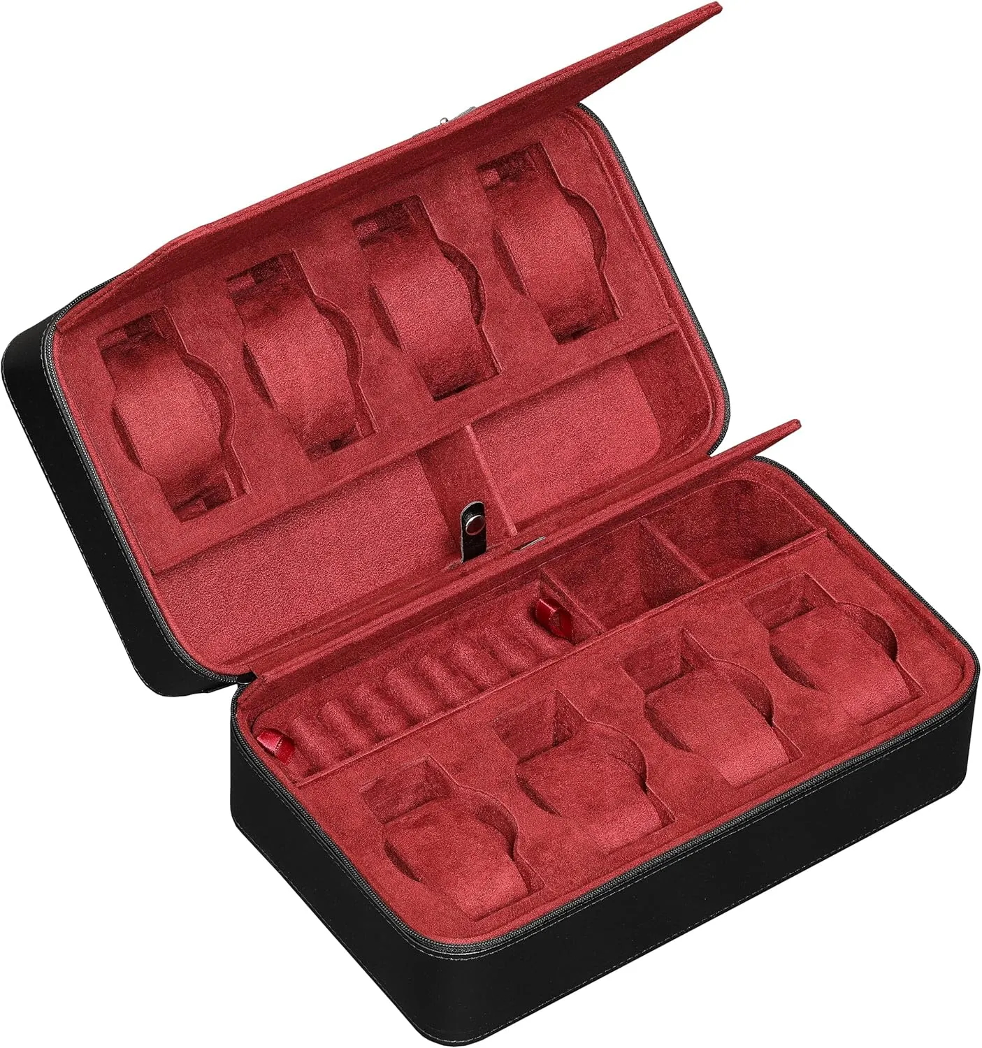 ROTHWELL 8 Watch Travel Case Storage Organizer for 8 Watches, Sunglasses, Rings & Cufflinks |Tough Portable Protection with Zipper Fits Most Wristwatches & Smart Watches Up to 50mm (Black/Red)