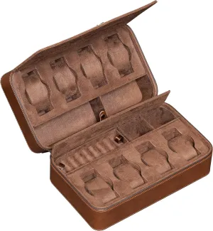 ROTHWELL 8 Watch Travel Case Storage Organizer for 8 Watches, Sunglasses, Rings & Cufflinks |Tough Portable Protection with Zipper Fits Most Wristwatches & Smart Watches Up to 50mm (Tan/Brown)