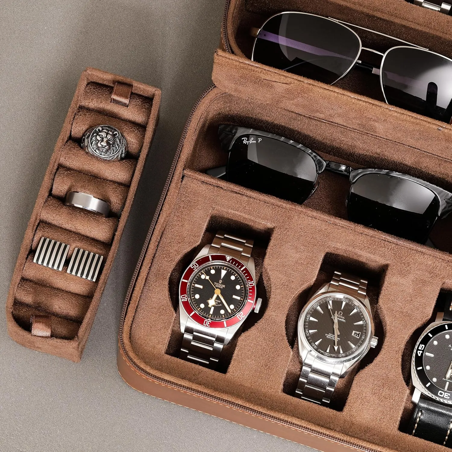 ROTHWELL 8 Watch Travel Case Storage Organizer for 8 Watches, Sunglasses, Rings & Cufflinks |Tough Portable Protection with Zipper Fits Most Wristwatches & Smart Watches Up to 50mm (Tan/Brown)