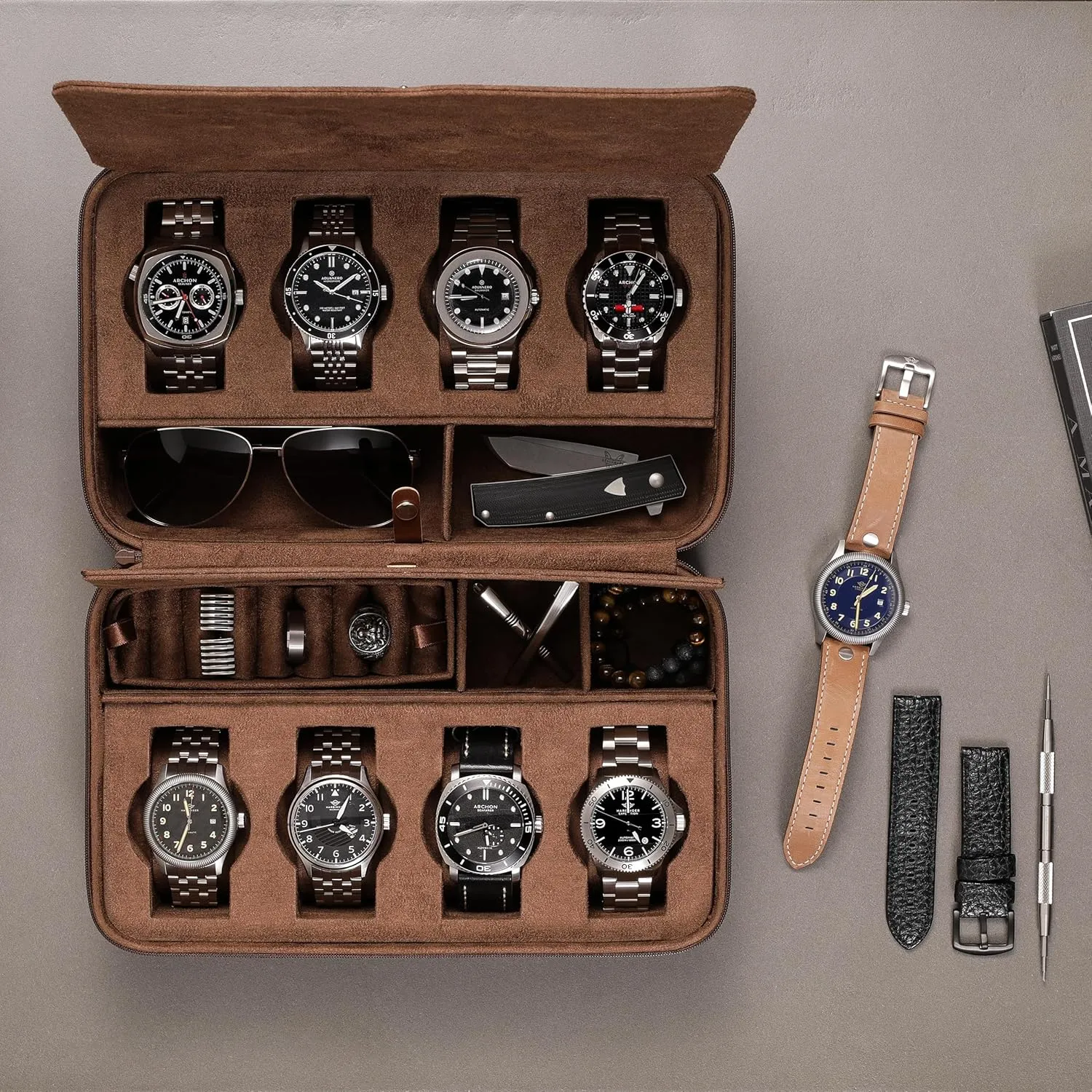 ROTHWELL 8 Watch Travel Case Storage Organizer for 8 Watches, Sunglasses, Rings & Cufflinks |Tough Portable Protection with Zipper Fits Most Wristwatches & Smart Watches Up to 50mm (Tan/Brown)