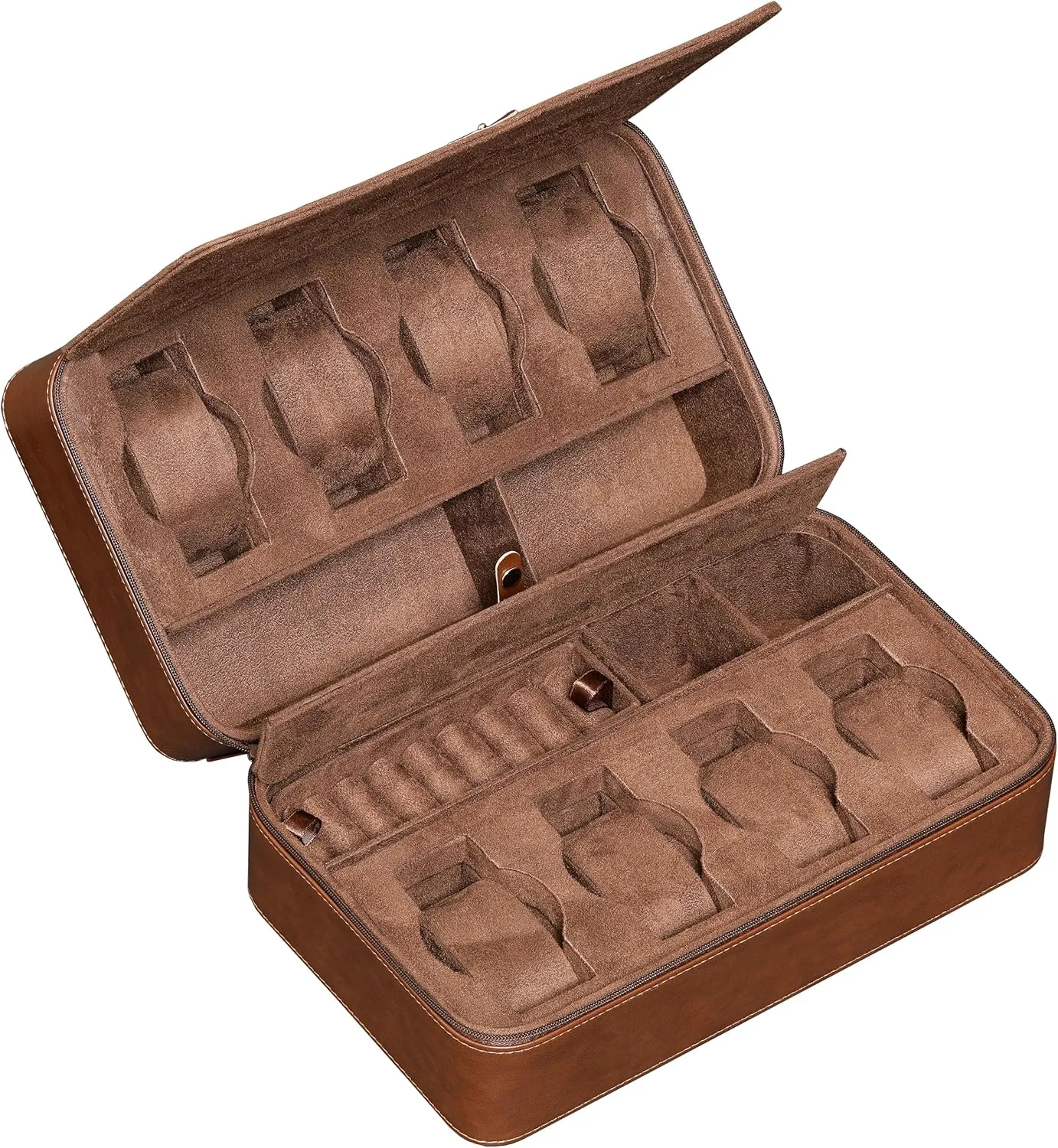 ROTHWELL 8 Watch Travel Case Storage Organizer for 8 Watches, Sunglasses, Rings & Cufflinks |Tough Portable Protection with Zipper Fits Most Wristwatches & Smart Watches Up to 50mm (Tan/Brown)