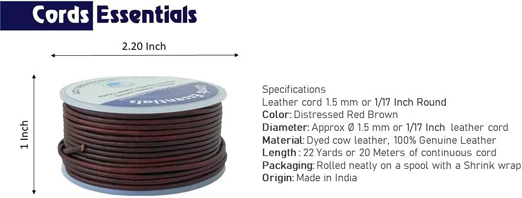 Round Genuine Leather String Cord, Rope for Jewelry Making, Necklaces, Bracelets, Kumihimo Braiding, Wraps, Crafts and Hobby Projects (Distressed Red Brown, 1.5 MM)