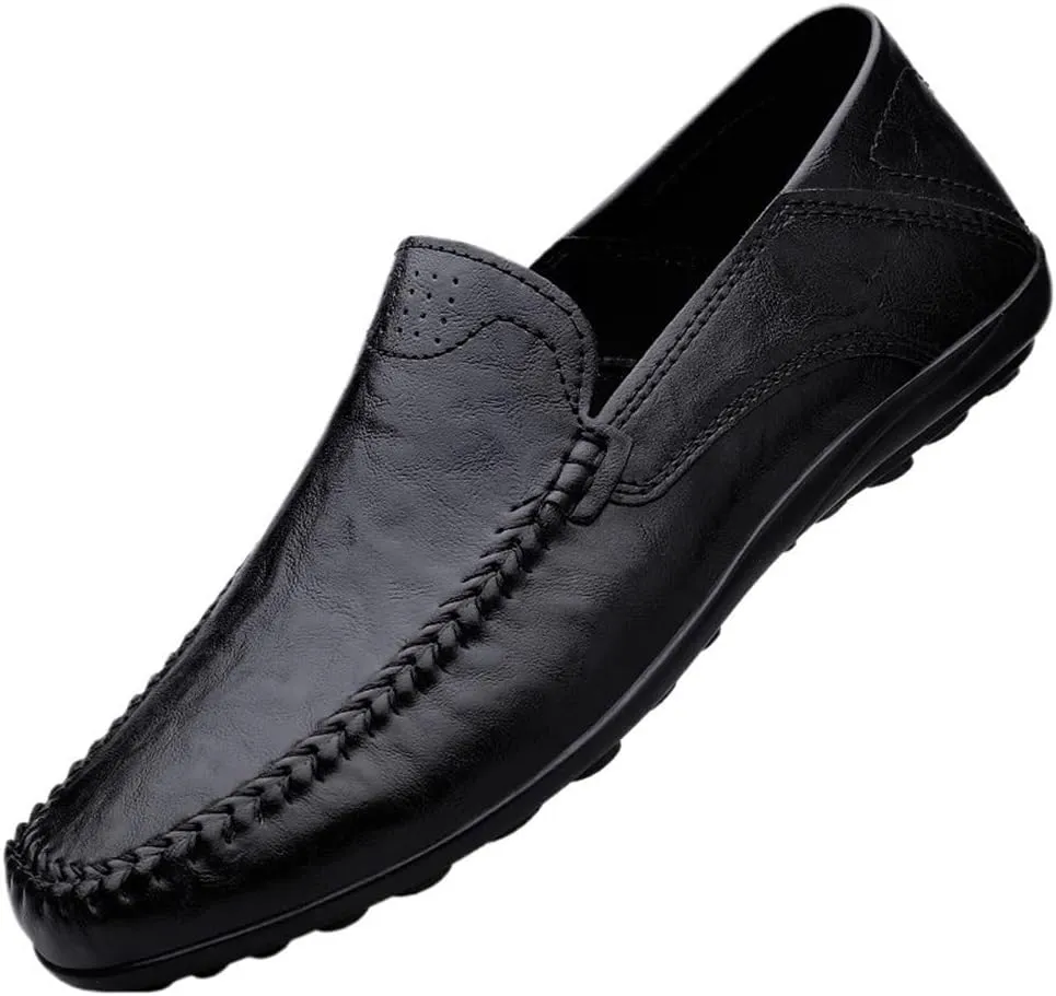 Round Toe Leather Men's Loafers Flat Heel Anti-Slip Resistant Prom Slip On