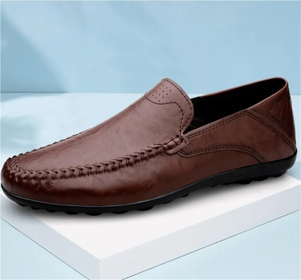 Round Toe Leather Men's Loafers Flat Heel Anti-Slip Resistant Prom Slip On