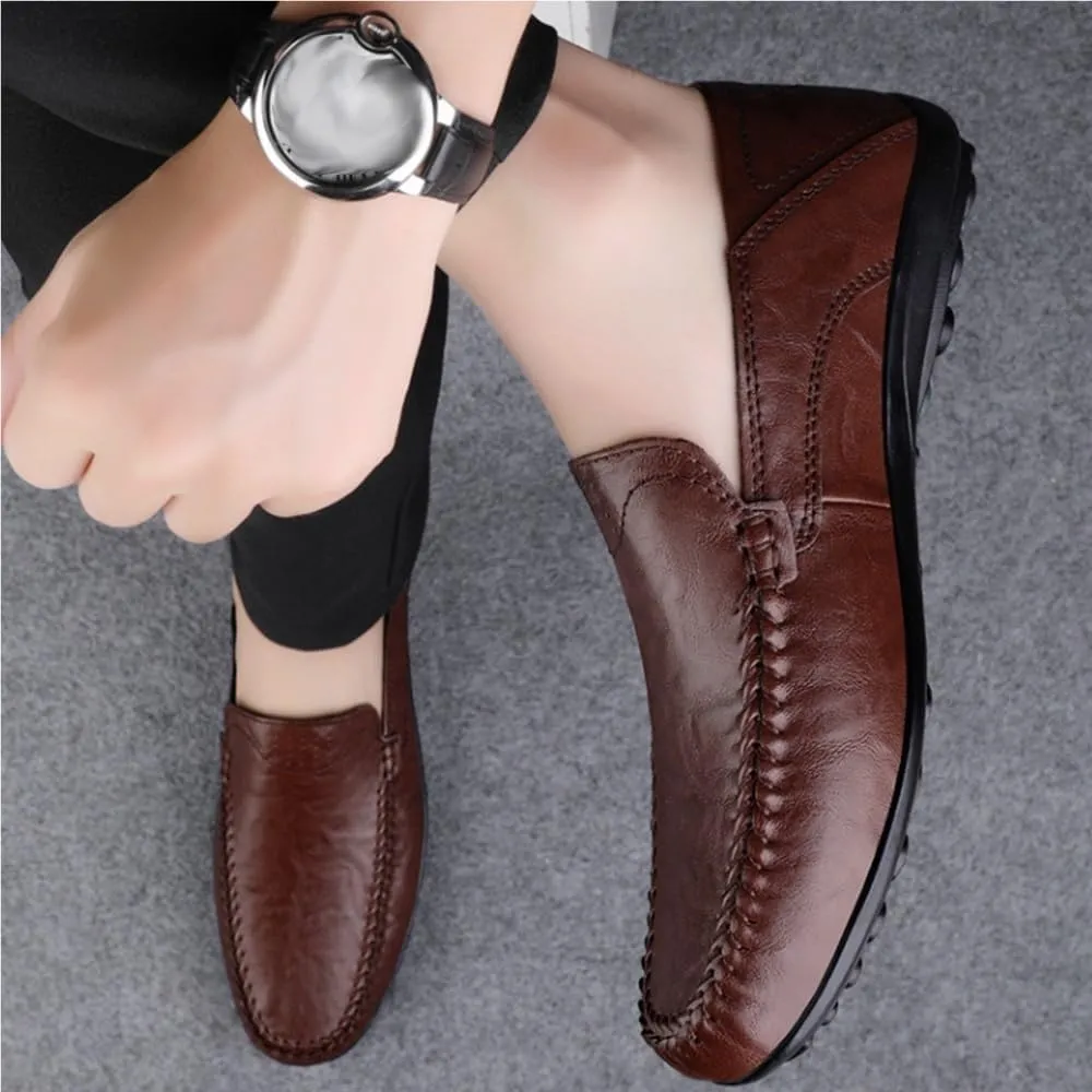 Round Toe Leather Men's Loafers Flat Heel Anti-Slip Resistant Prom Slip On