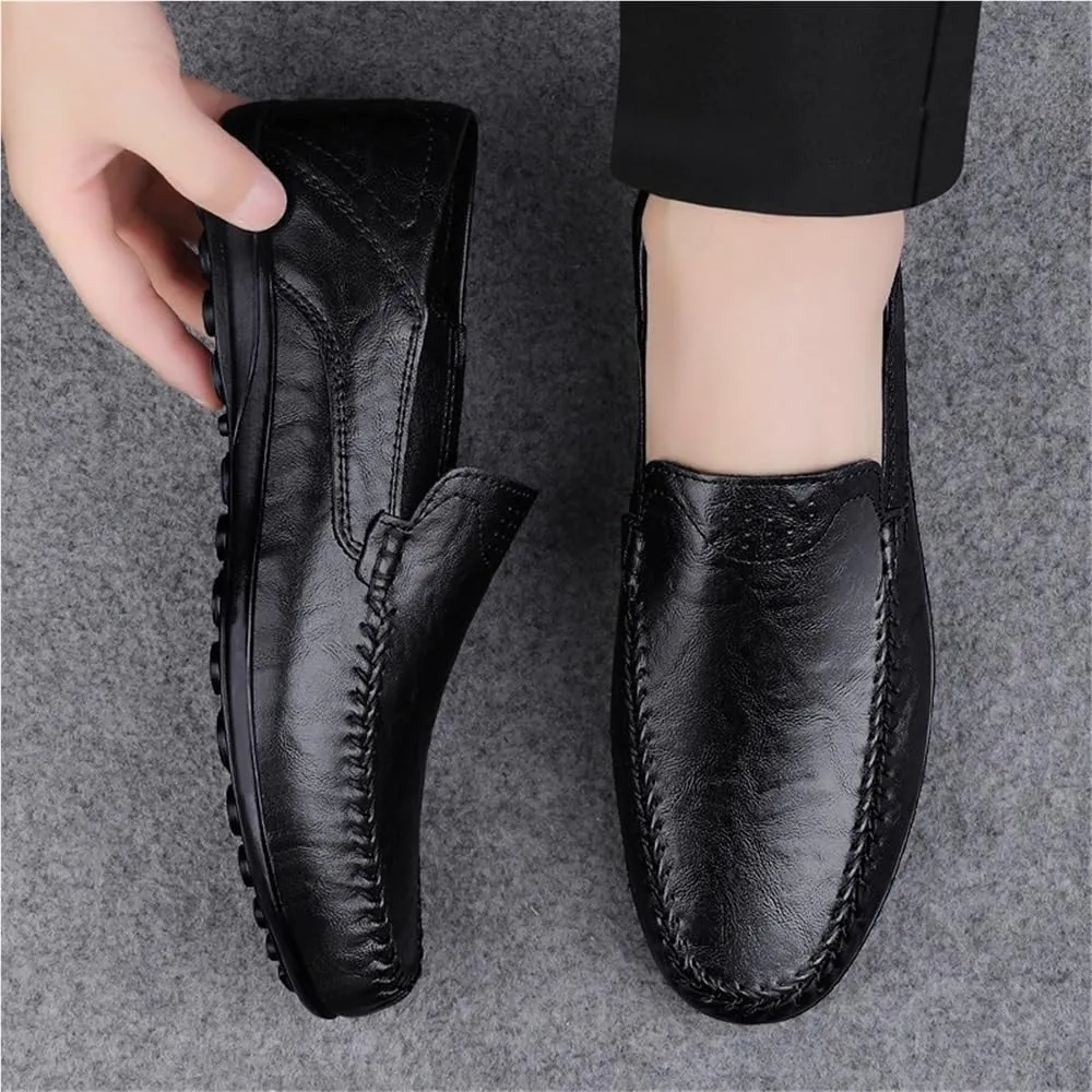 Round Toe Leather Men's Loafers Flat Heel Anti-Slip Resistant Prom Slip On