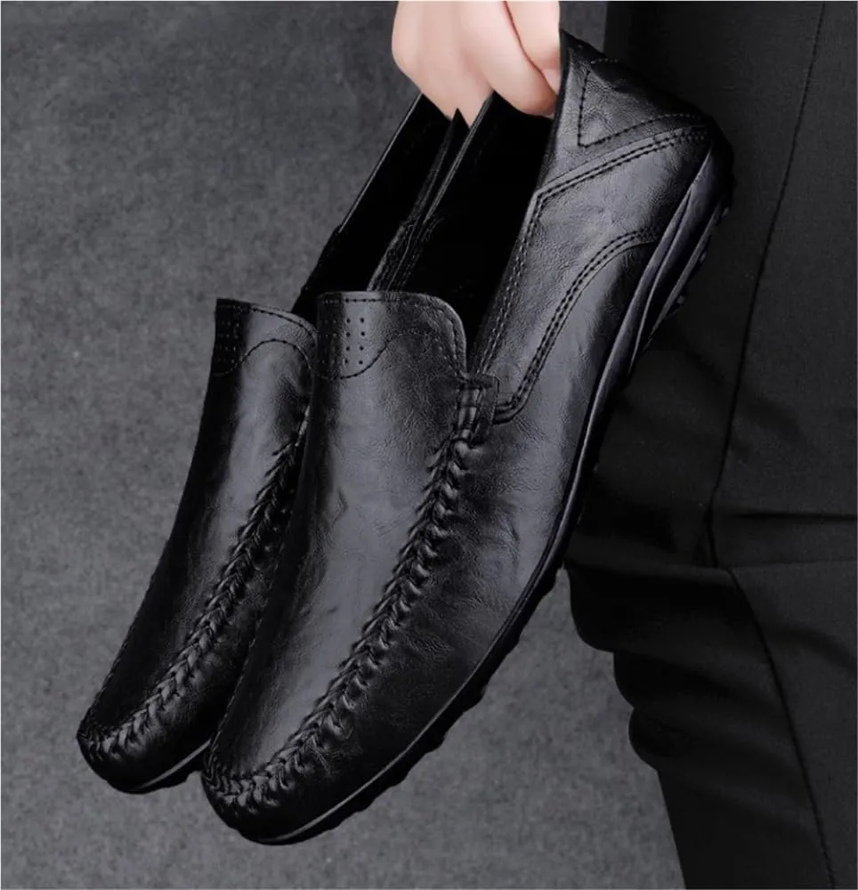 Round Toe Leather Men's Loafers Flat Heel Anti-Slip Resistant Prom Slip On