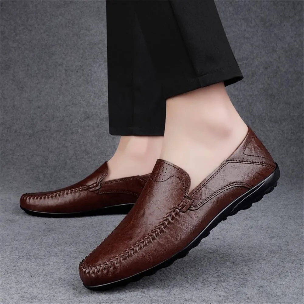 Round Toe Leather Men's Loafers Flat Heel Anti-Slip Resistant Prom Slip On