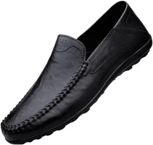 Round Toe Leather Men's Loafers Flat Heel Anti-Slip Resistant Prom Slip On