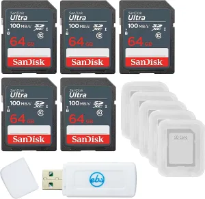 SanDisk 64GB Ultra SD Memory Card 5 Pack SDXC UHS-I Class 10 (SDSDUNR-064G-GN3IN) Bundle with 5 SD Card Cases & 1 Everything But Stromboli Card Reader