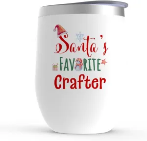 Santa's Favorite Crafter Wine Tumbler - Christmas Gifts Birthday Xmas Party - Leather Jewelry Woodcrater Lenscrafter Manager - Glass with Lid Stemless Stainless Steel 12 oz White