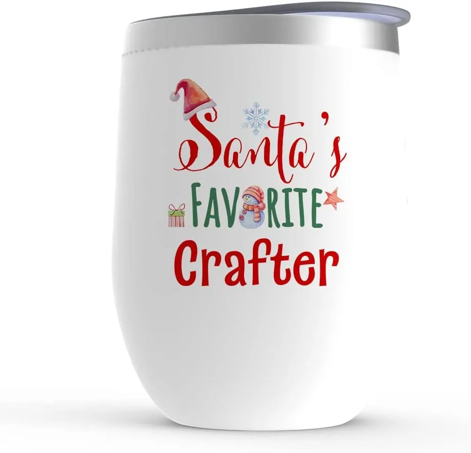 Santa's Favorite Crafter Wine Tumbler - Christmas Gifts Birthday Xmas Party - Leather Jewelry Woodcrater Lenscrafter Manager - Glass with Lid Stemless Stainless Steel 12 oz White