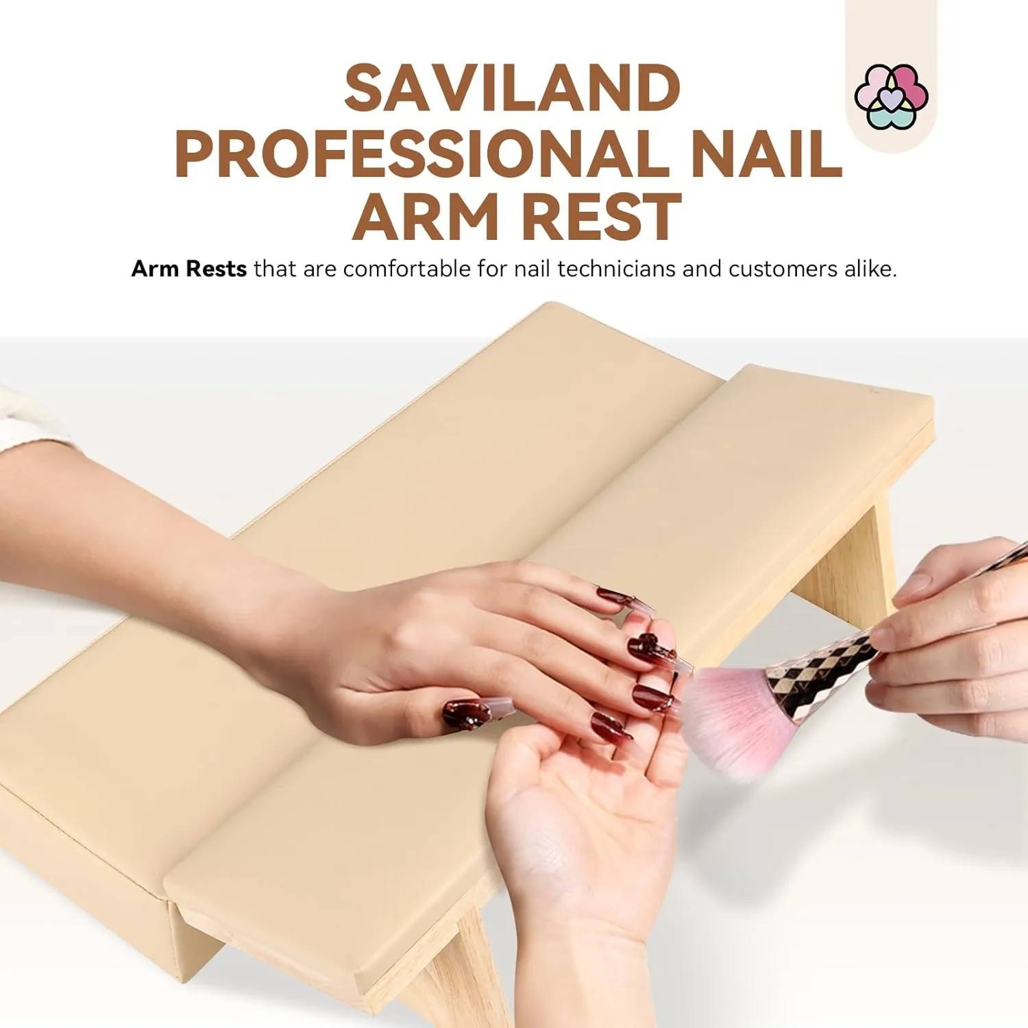 SAVILAND Hand Rest for Nails Tech: Soft Leather Nail Arm Rest with Soft Sponge Arm Rest Nail Tech for Arm Rest Solid Wood Hand Rest Supplies Manicure Pillow for Nail Tech Must Have Tool for Salon Home
