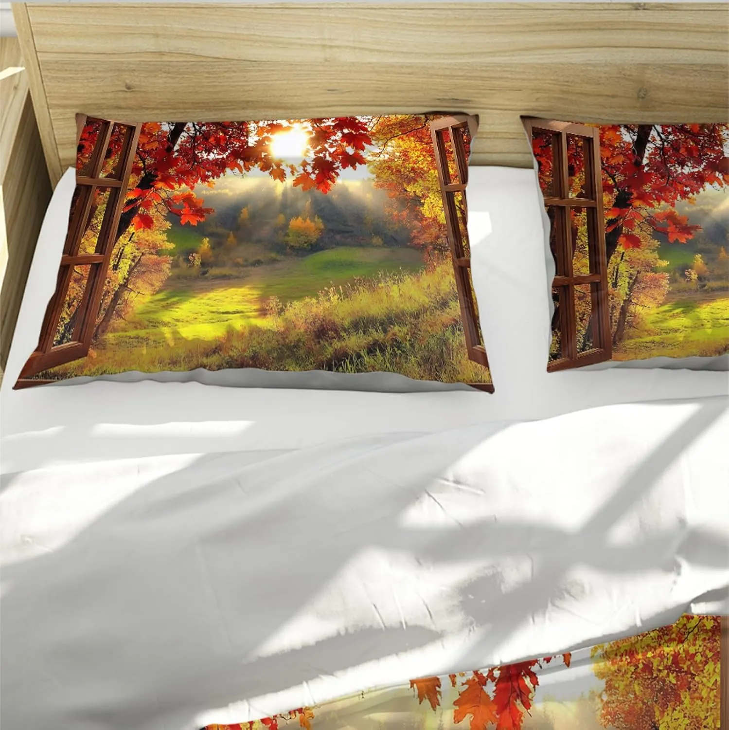 Scenery Outside The Window Duvet Cover Maple Leaves Exotic Forest Scene Decor 3 Piece Bedding Set with 2 Pillow Cases Green Yellow California King