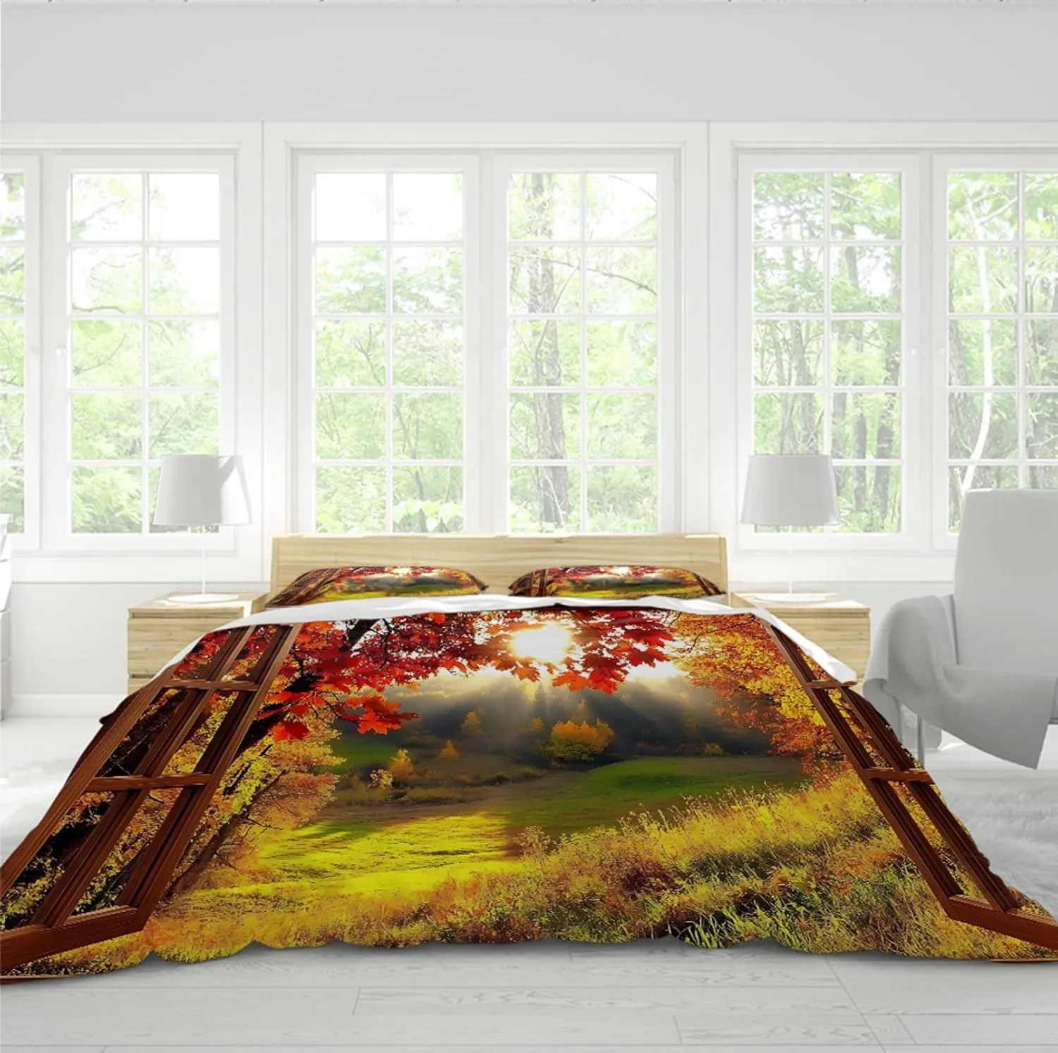 Scenery Outside The Window Duvet Cover Maple Leaves Exotic Forest Scene Decor 3 Piece Bedding Set with 2 Pillow Cases Green Yellow California King
