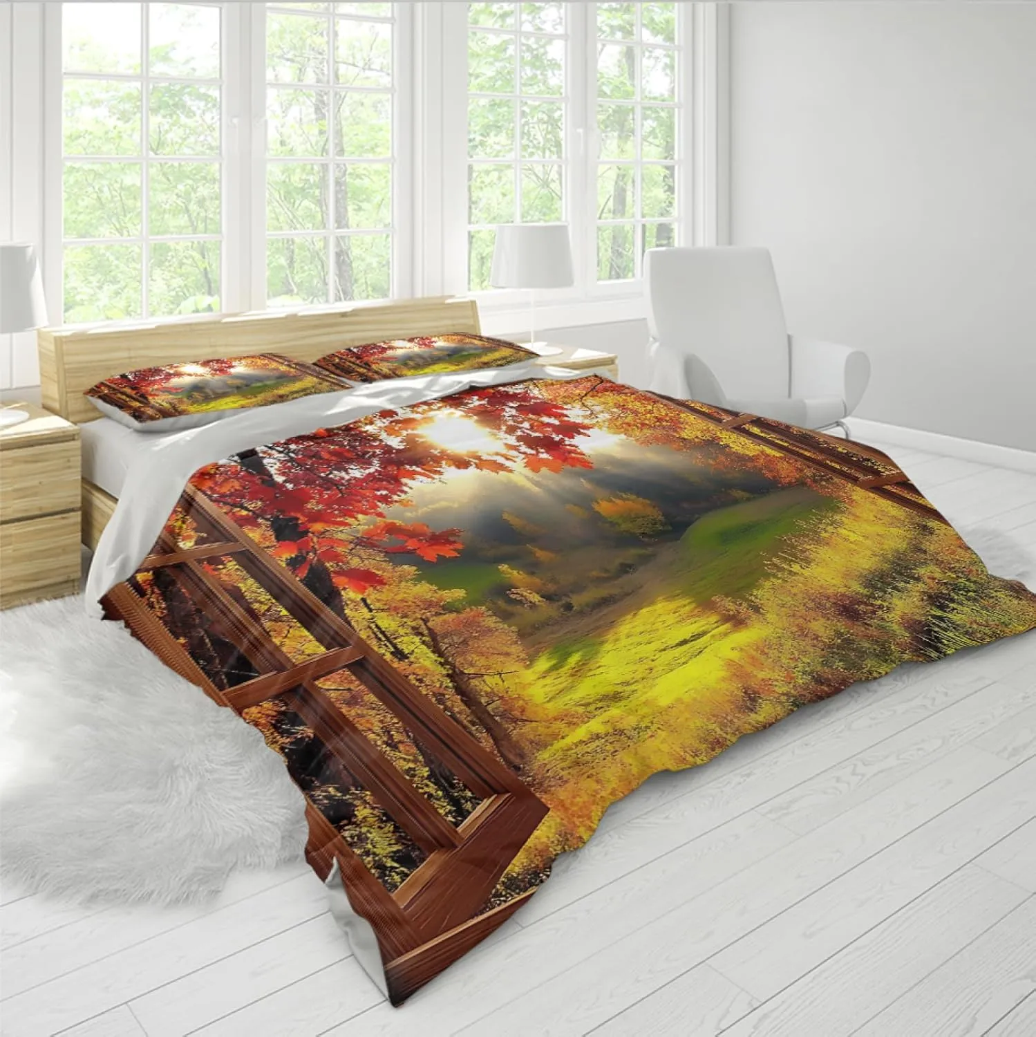 Scenery Outside The Window Duvet Cover Maple Leaves Exotic Forest Scene Decor 3 Piece Bedding Set with 2 Pillow Cases Green Yellow California King