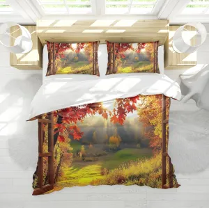 Scenery Outside The Window Duvet Cover Maple Leaves Exotic Forest Scene Decor 3 Piece Bedding Set with 2 Pillow Cases Green Yellow California King